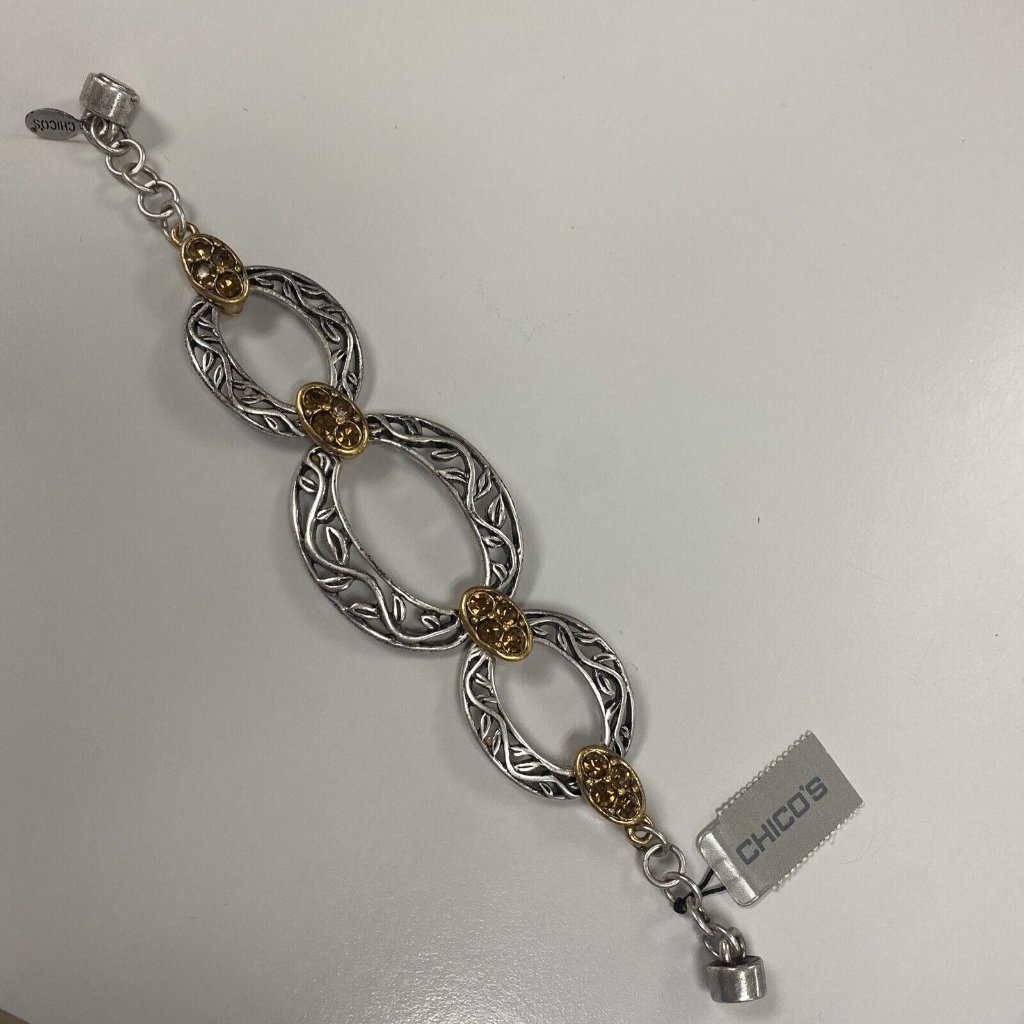 Chico&acirc;s Bracelet Nwt Twotone Filigree Gold Silver W Crystals Magnetic Closure